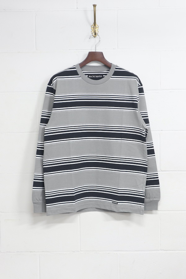 STRIPED CREW NECK LONG SLEEVE T-SHIRT ( TYPE-3 )（GRAY）