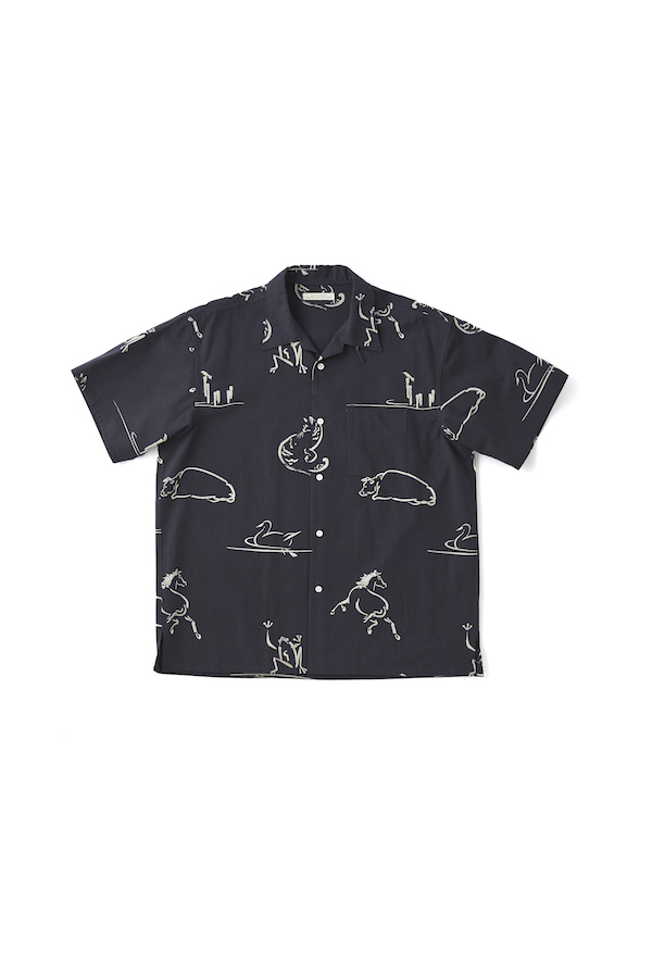 ORIGINAL PRINTED OPEN COLLAR SHIRTS (Animal Drawing) Short-sleeve（ONYX）