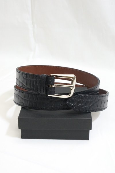 LEATHER DRESS BELT-CROCODILE EMBOSS- (BLACK)