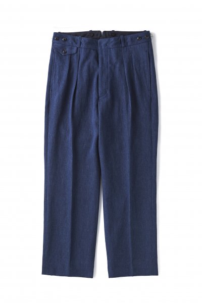 DOUBLE-PLEATED DRAPE TROUSER (INDIGO HERRINGBONE)