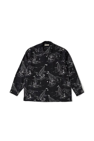 ORIGINAL PRINTED OPEN COLLAR SHIRTS(MARINE )Long-sleeve(BLACK)